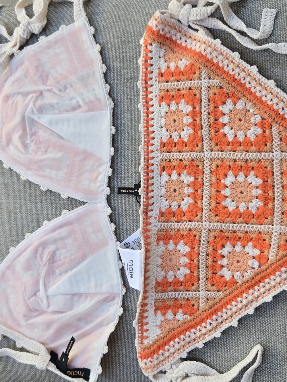 Maje Crochet Triangle Bikini Set in Peach and Cream - Women's Swim - Picture 9 of 10